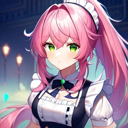 girl, masterpiece, best quality, volumetric lighting, dynamic pose, detailed outfit, perfect eyes, pink hair, green eyes, messy hair, long hair, maid café, ponytail