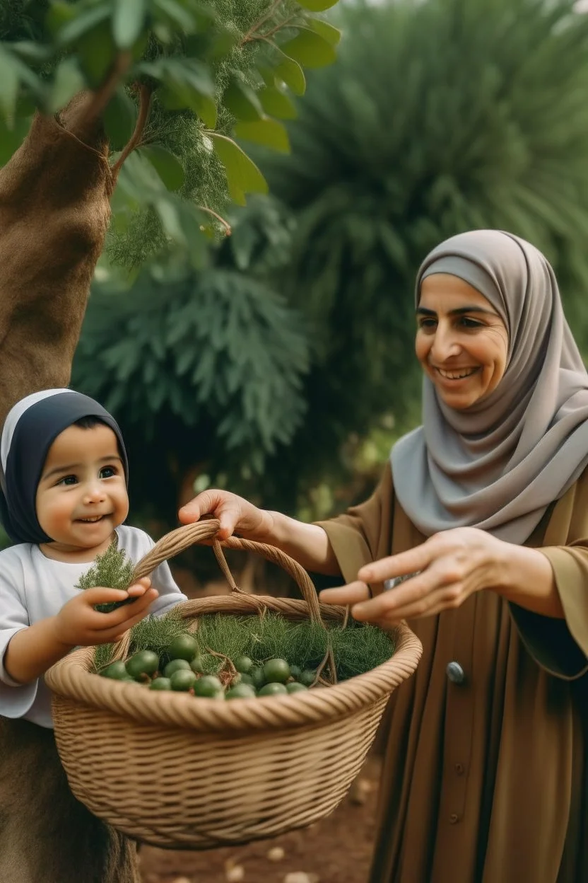 A mother wearing a hijab picks olives from the tree, and a son holds the basket sideways and is happy