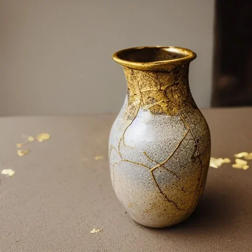 photo of a small cracked ceramic vase repaired with gold, kintsugi, beautiful, vines and leaves, rosebuds, delicate, cinematic, high detail, beautiful composition, delicate arrangement, aesthetic, soft lighting, award winning photography, tender