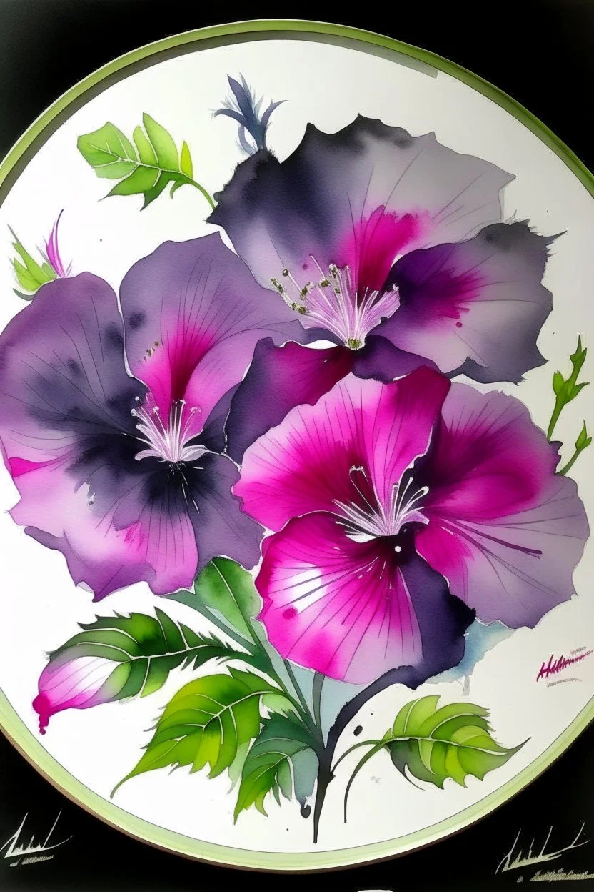 Dinner Plate Hibiscus on the Appalachian Trail; Ink wash with pink and purple hibiscus