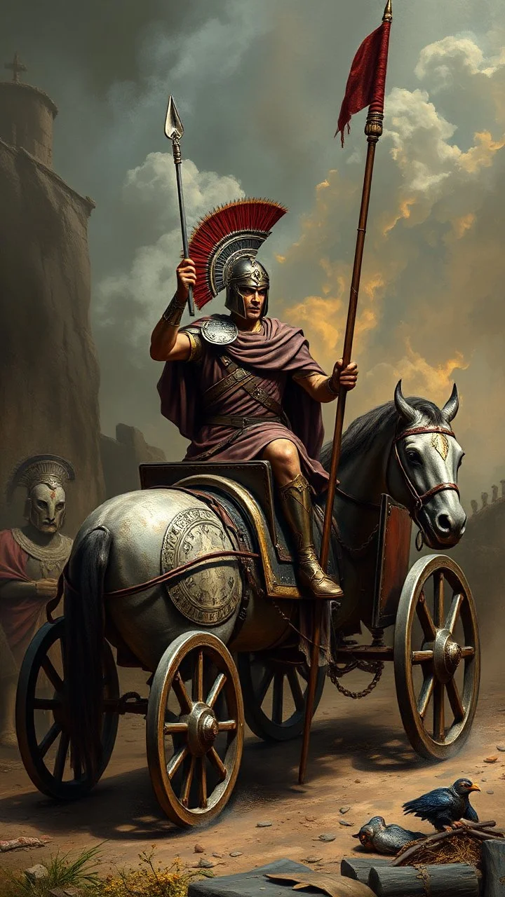 Bosch painting style nightmare , 3D , a roman warrior in side Roman chariot , background, high Quality picture , 8k