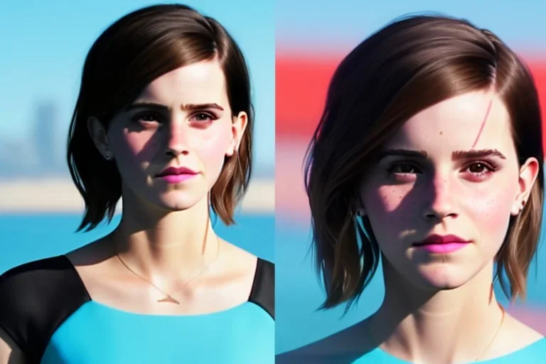 Emma Watson, full-length, in a swimsuit, cyberpunk 2077, photorealistic illustration, 4k