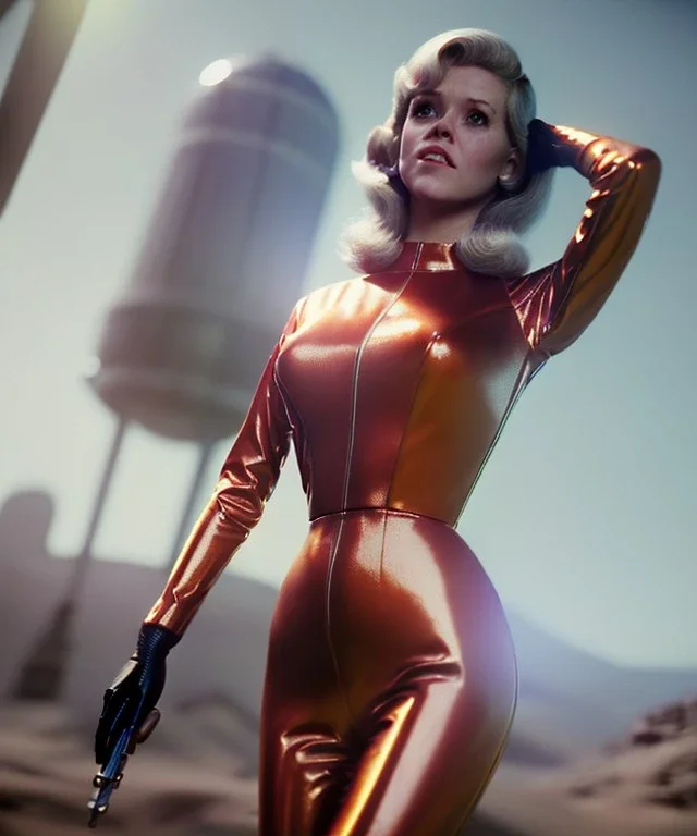 Ultra Realistic retro sci-fi portrait image from 1960, spaceship, sweet young Jane Fonda, dress with tight latex suit, Retro sci-fi weapon, soft color, highly detailed, unreal engine 5, ray tracing, RTX, lumen lighting, ultra detail, volumetric lighting, 3d, finely drawn, high definition, high resolution.