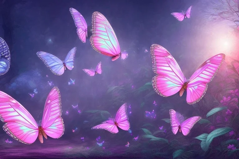 opening to the soft pink and blue crystal rise of butterflies