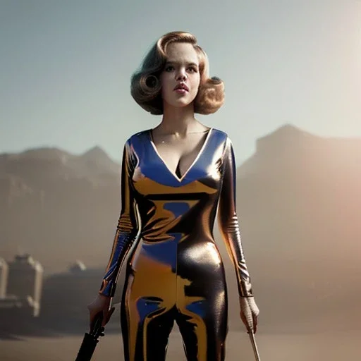 Ultra Realistic retro sci-fi portrait New York image from 1960, many explosions, sweet young Jane Fonda, tight latex suit, weapon, fighting stance, soft color, highly detailed, unreal engine 5, ray tracing, RTX, lumen lighting, ultra detail, volumetric lighting, 3d, finely drawn, high definition, high resolution.