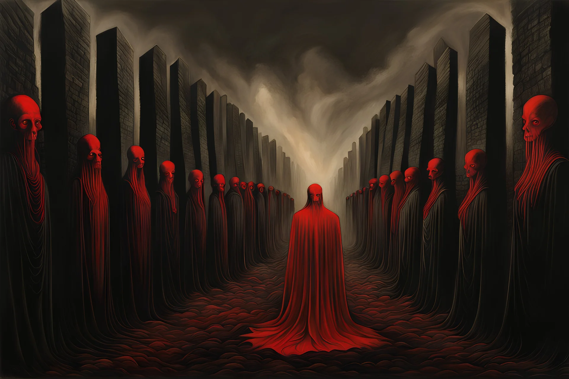 the wall of traumatised souls, in the style of Zdzisław Beksiński, red and black, dark art, art should never be censored