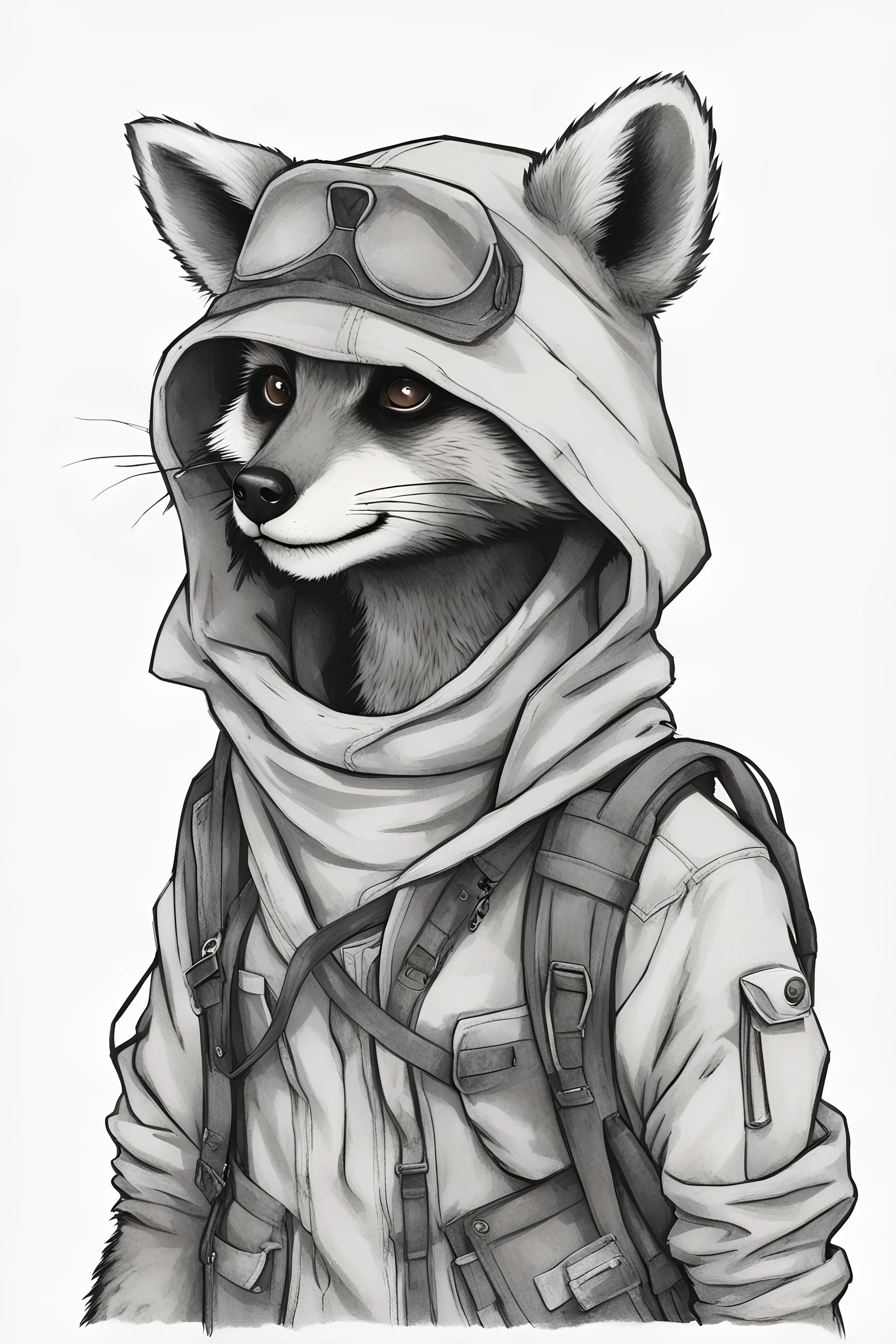 full body of an anthro raccoon thief, hooded, backpack, post-apocalyptic, sketch, blank background