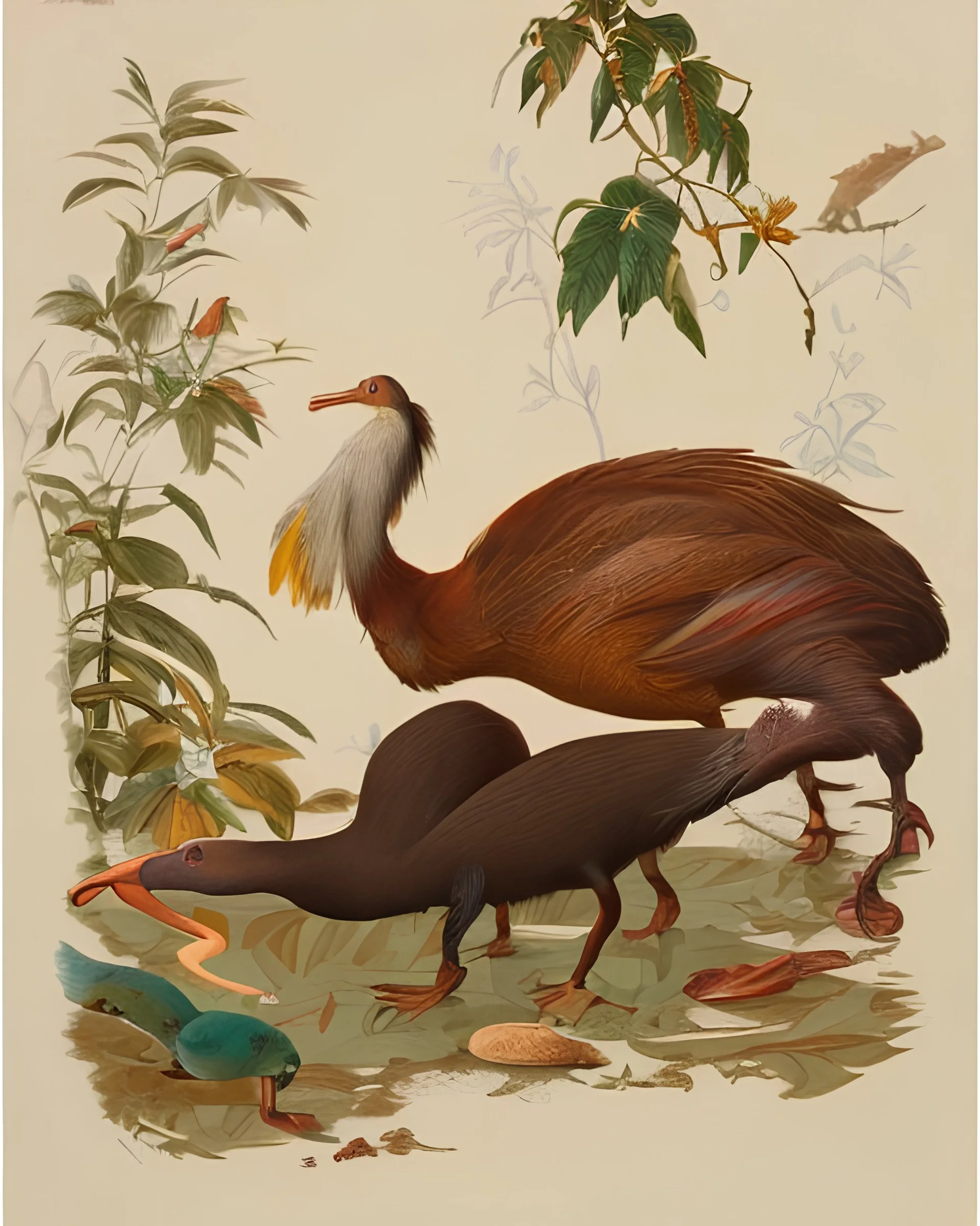 John James Audubon-like illustration of a fully uncropped Dodo bird and a Platypus in a chinoiserie landscape of warm yellows, warm reds, and warm blues