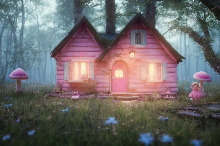 a cute pink and blue fairy small house in the forest, spring time, mushrooms, 8k, flickering light, centered, high-quality, fine-detail, digital art, detailed matte, volumetric lighting, illustration, 3D octane render