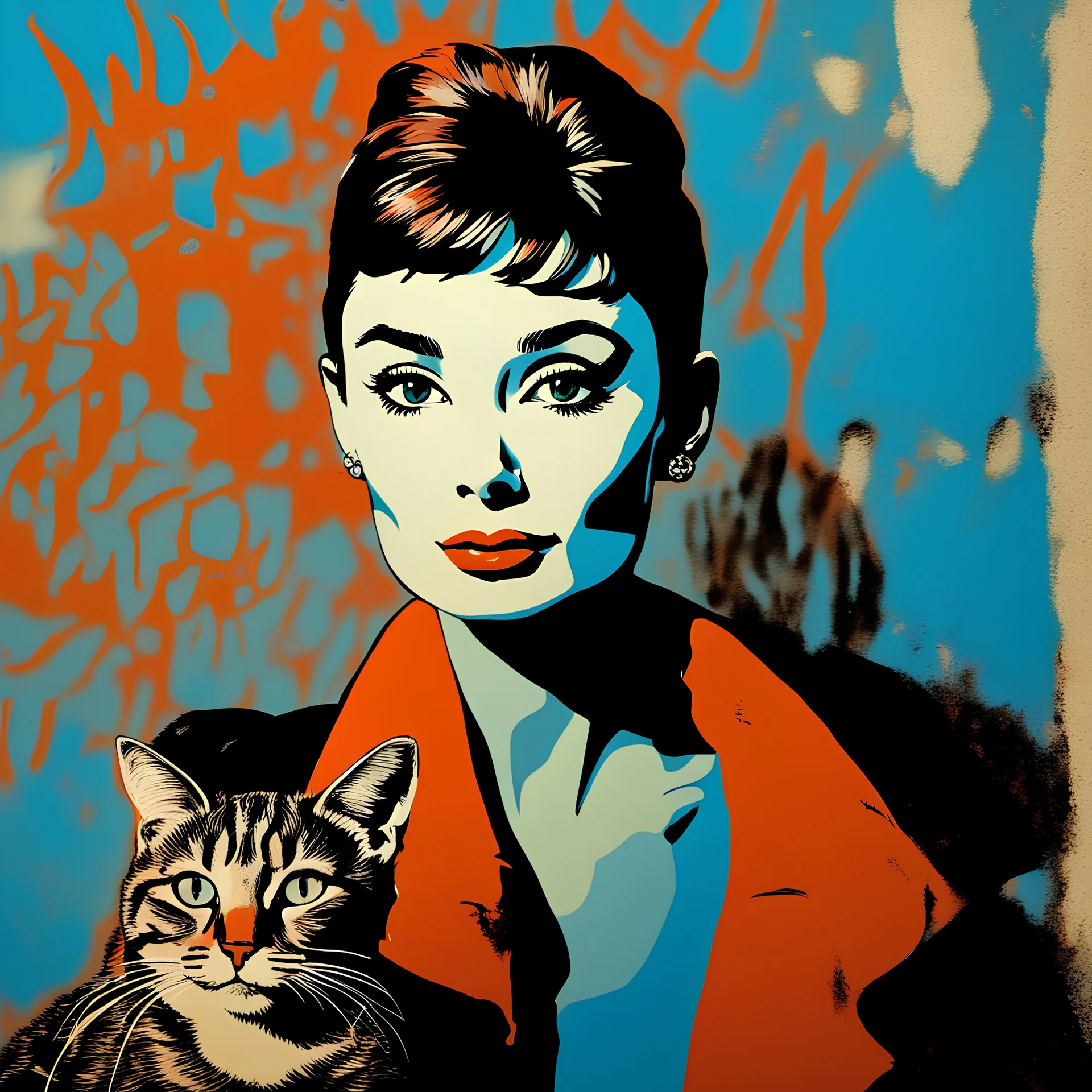 A portrait of Audrey Hepburn looking straight in camera, with a cigarette, romantic blue and red with an orange cat, with graffitti in the background, painted by a street artist expressionist style