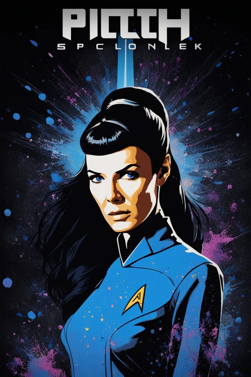 Pitch black background - multicolor splatter painting - 30-year-old Wendy Wendison, who resembles Spock, with long, straight black hair, deep cobalt blue eyes, wearing a long-sleeved, blue, slit, mini dress with a plunging neckline and a star trek upside down V-shaped communicator badge on the left side of the chest