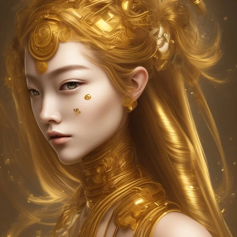 a wonderfull japanese woman, curves, android robotic, golden long hair, hair covering one eye, ultradetailed fine art photo of a indian, weet face portrait, snow flakes particles, 8 mm lens, golden ratio composition, detailed face, studio photography, very detailed,masterpiece, artstation, 8 k, highly coherent