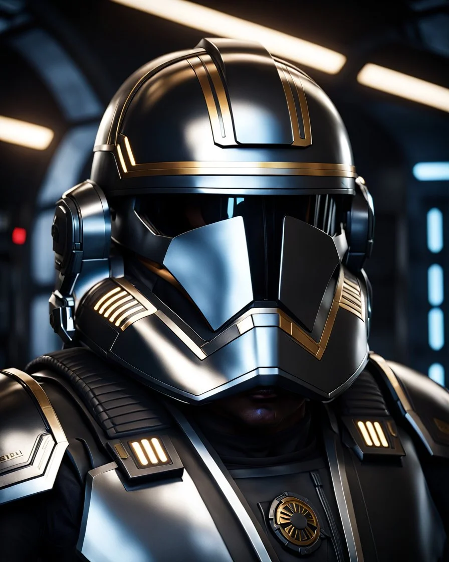 star wars bald male corellian pilot wearing pearlescent black and gunmetal grey First Order special forces heavy assault stealth commando armor and helmet with gold trim inside the jedi temple, hyperdetailed, dynamic lighting, hyperdetailed background, 8k resolution, volumetric lighting, light skin, fully symmetric details