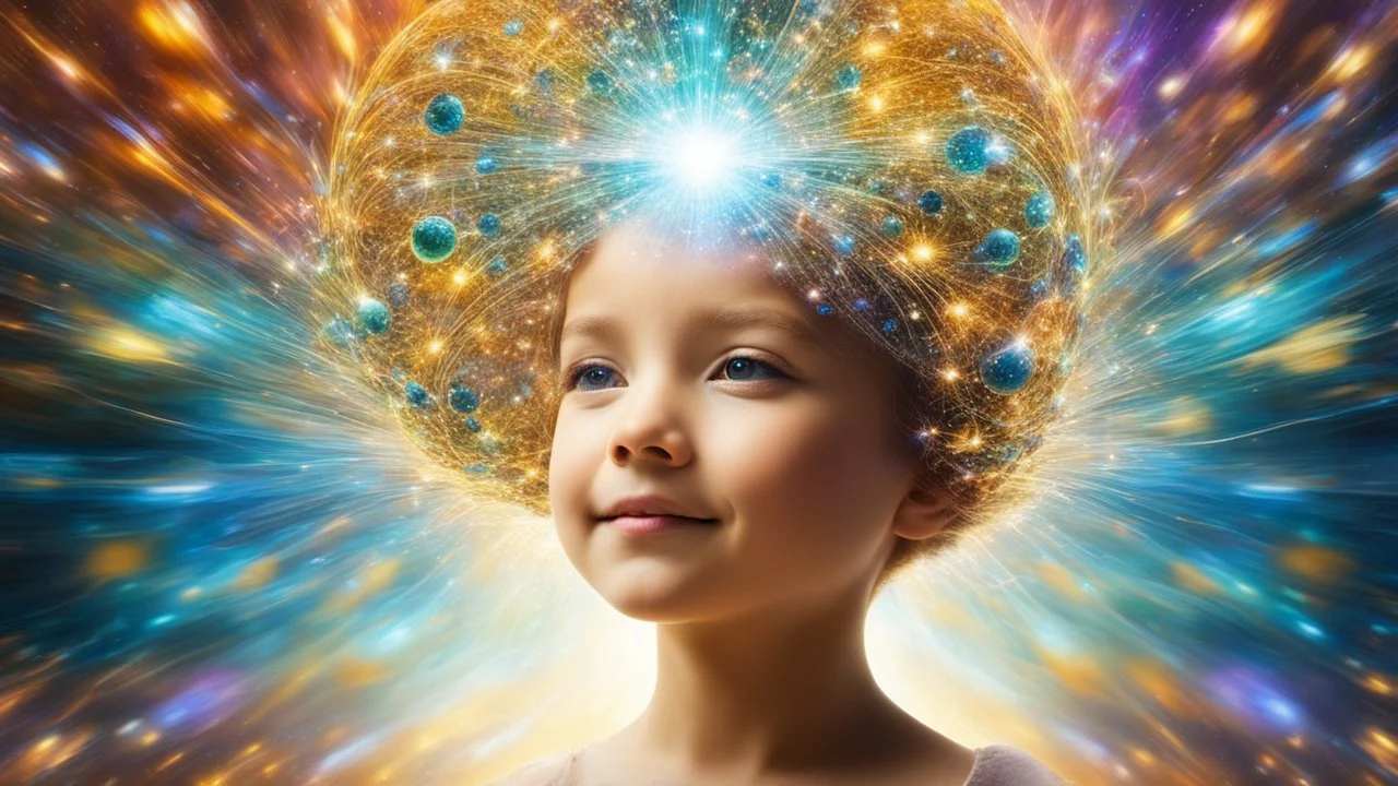 2032. Abstract fantasy: telepathy, one young child, chrysalids, Wyndham, delight, empathy, smiling, harmony, ecstasy, beautiful, wonder, joy, happiness, richness, the power of thought, love, joy, personal faith in God, award-winning photograph, abstract image, beautiful composition, science-fiction