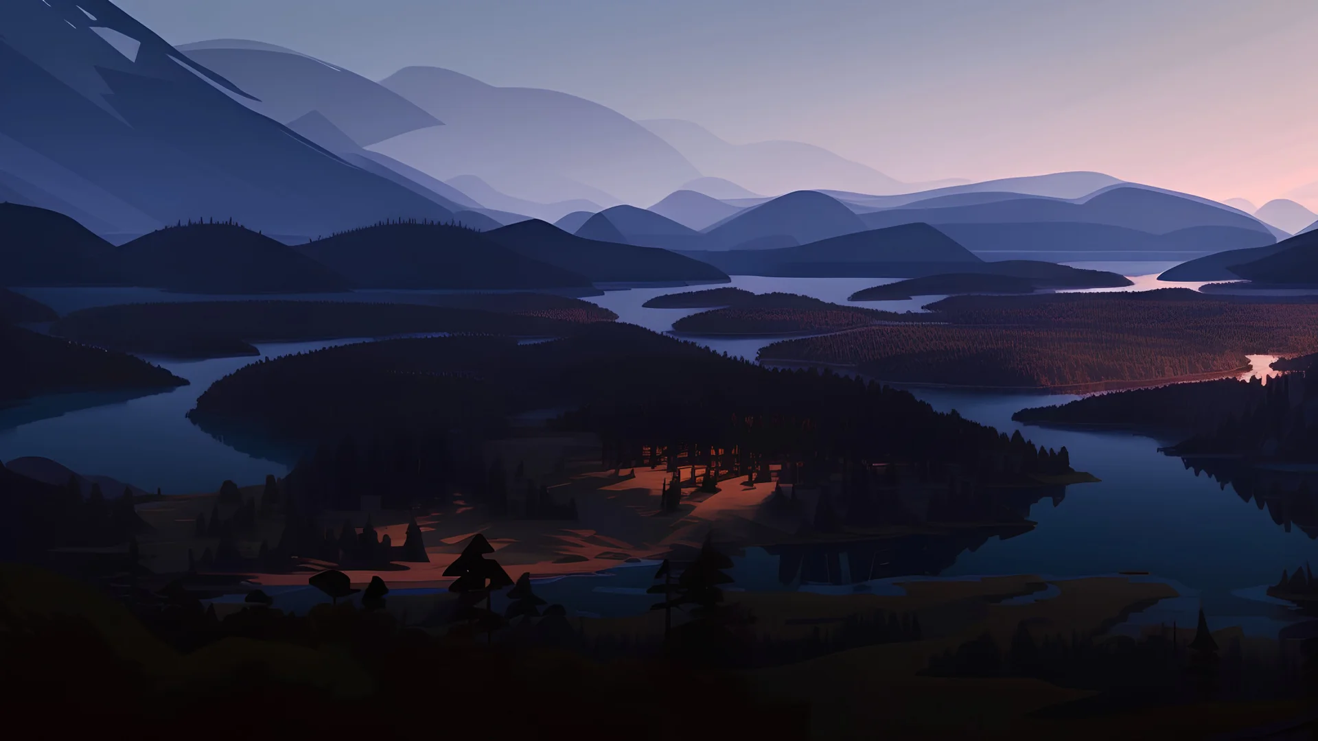 Stylized image of a forest, near a serene lake and mountains in the background at sunrise