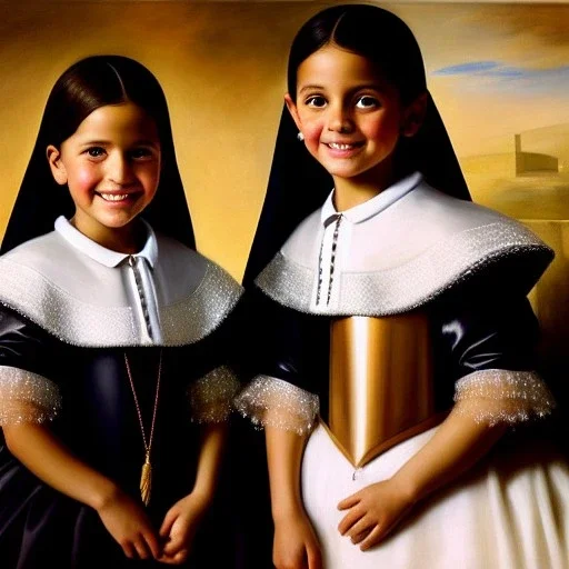 portrait of sisters Eira Santiago Arnau 10 year old and Dalia Santiago Arnau 6 year old by Velazquez,smiling, oil on canvas, cinematic composition, extreme detail,8k,fit full head inside picture,