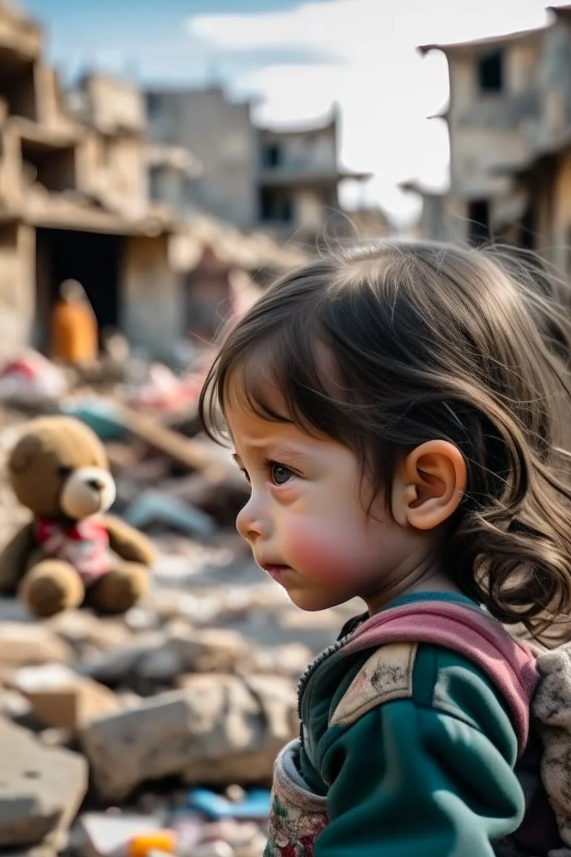 side view to palestinian little girl looking at face to face her toy with tears and Destroyed buildings in the background