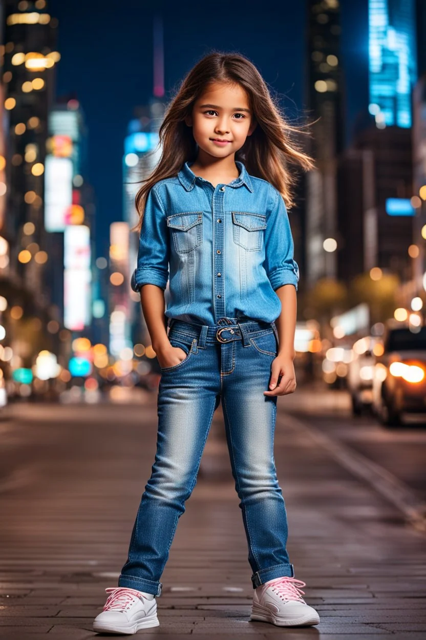 Little 8 years old beautiful girl perfect face,1girl wearing a pretty shirt and jean pant, standing pose,modern city ,night view