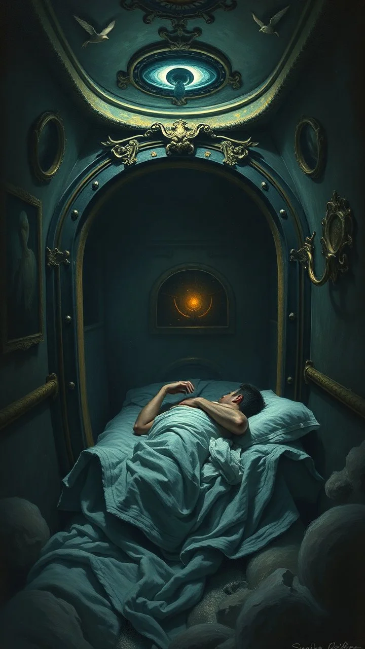 Man spends a sleepless night inside a dark submarine in a delusional state , paint it in the baroque style, as if the man is horrified