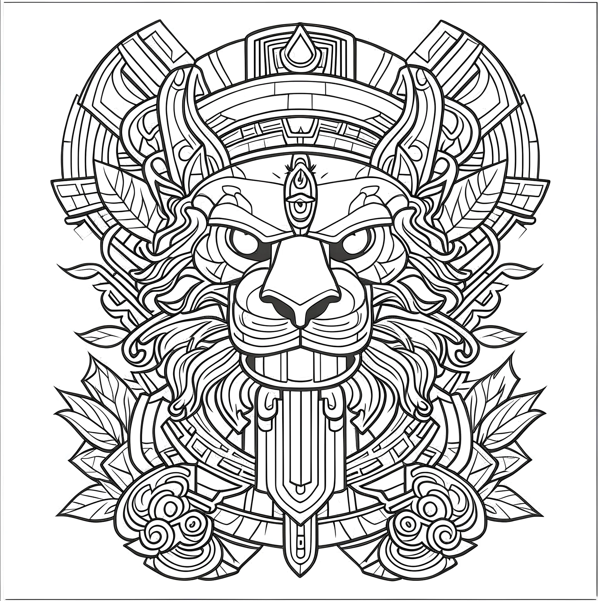 outline art for square lion tiki totem coloring page for kids, classic manga style, anime style, realistic modern cartoon style, white background, sketch style, only use outline, clean line art, no shadows, clear and well outlined