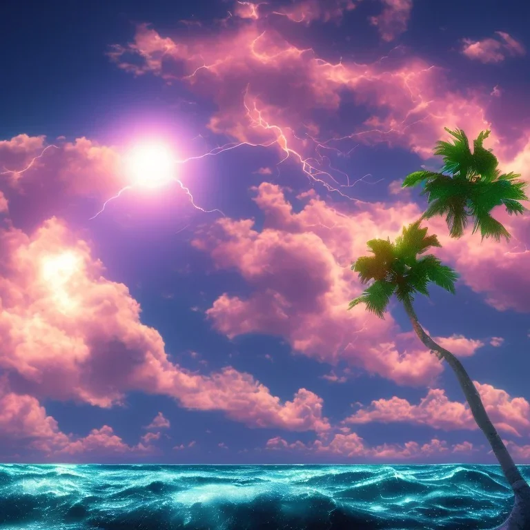 1980's vaporwave aesthetic palm trees with lightning with solar eclipse in the ocean waves sunset