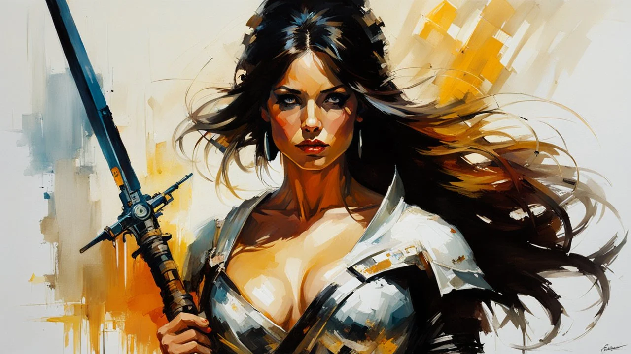 portrait of a woman warrior :: Robert McGinnis + Jeremy Mann + Carn Griffiths + Leonid Afremov, clear contours, detailed