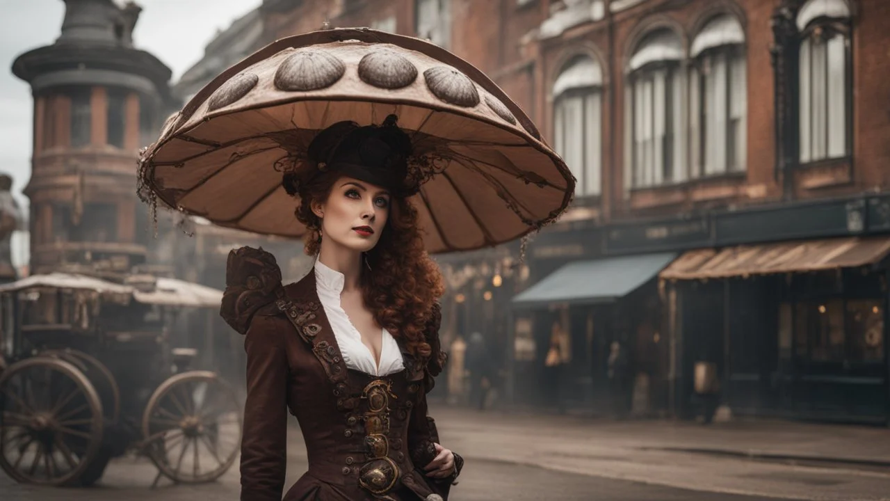 woman standing in a street with a parasol shaped like a mushroom with tentacles, in a steampunk setting