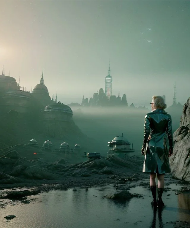 Ultra Realistic retro sci-fi scene, portrait, 2 blonde woman clones, sweet young Marilyn Monroe face, perfect iris, tight latex coat, helmet, Strange planet background. Spaceship, fog, rain, soft color, highly detailed, unreal engine 5, ray tracing, RTX, lumen lighting, ultra detail, volumetric lighting, 3d, finely drawn, high definition, high resolution.