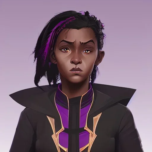 Portrait of a black 10 year old girl warlock with black curly hair