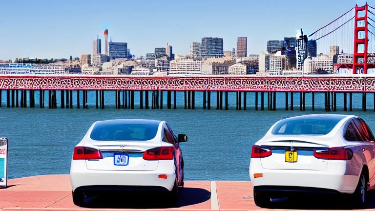 A Tesla's 'Model S Plaid' is parked, over the 'Pier 39', in San Francisco. CINEMATIC. WIDE ANGLE LENS.