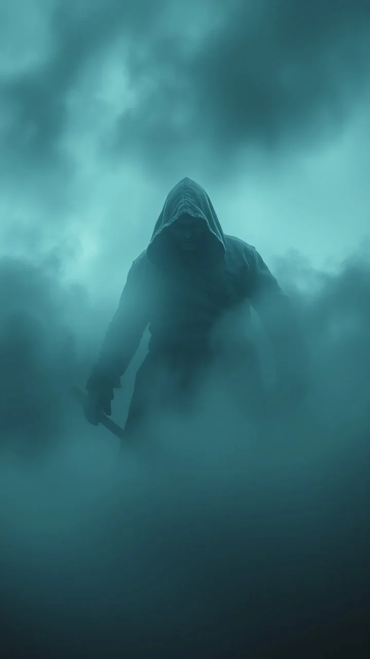 Heavy fog, huge angry hooded man appear in the sky