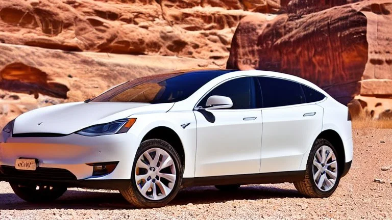 A Tesla's 'Model S Plaid' is parked, at Petra, in Jordan. CINEMATIC. WIDE ANGLE LENS.