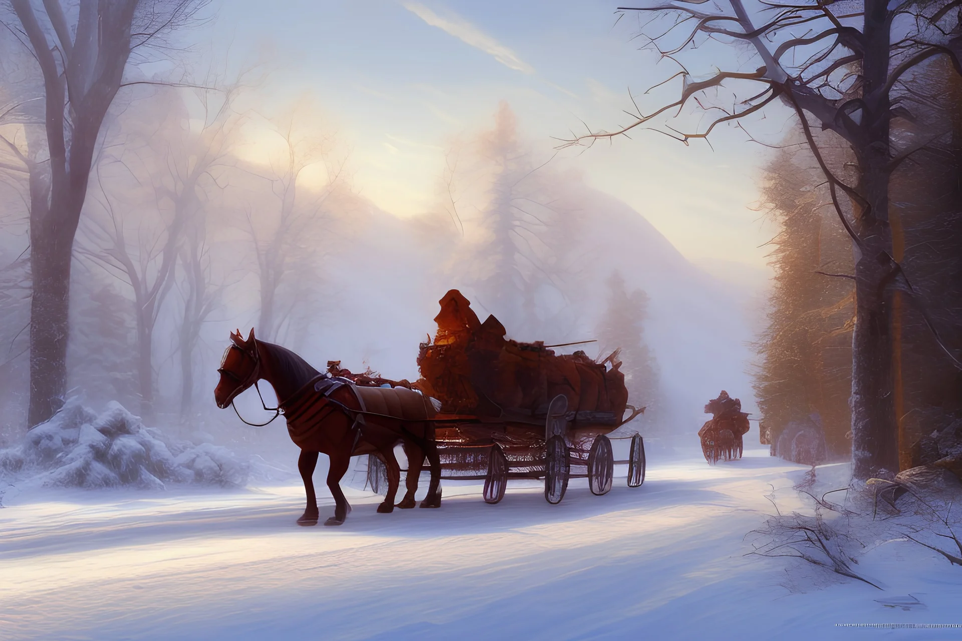 Peder Monk Monsted style, forest dirt road, one horse-drawn sleigh, winter