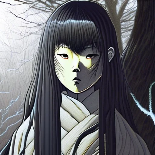 Sadako Yamamura (Ringu, 1998) ; screenshot, Dark Foggy Georgeous Horror Dark Fantasy Art by James Bousema, digital illustration, evil,wild, cold stare ,photo-realistic, 32K,dynamic colors,high details,high definition,crystal clear image,aspect ratio 33:1,DIGITAL ILLUSTRATION by James Bousema Modifiers: Nikon D850 elegant Award winning photography fantasy photorealistic very attractive