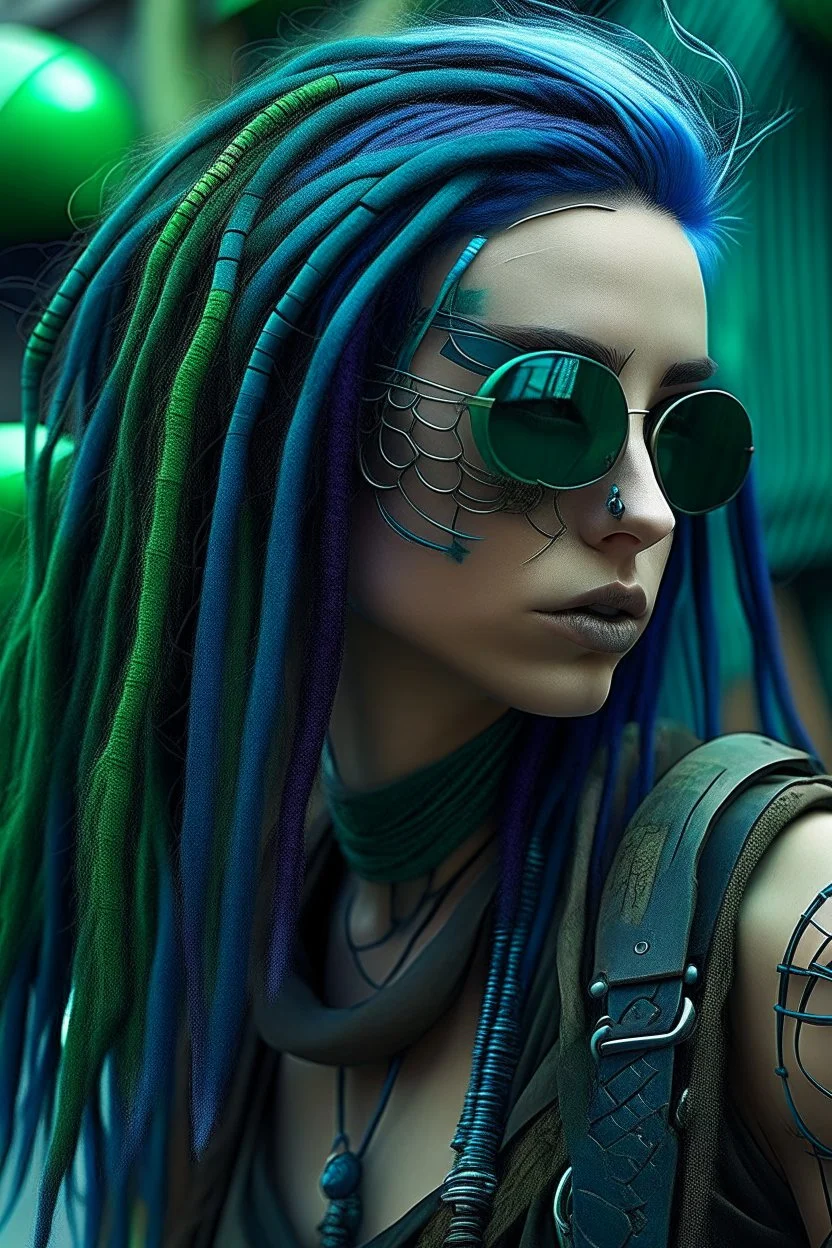 mermaid cyberpunk some scales on face indigo hair dreadlock sunglasses