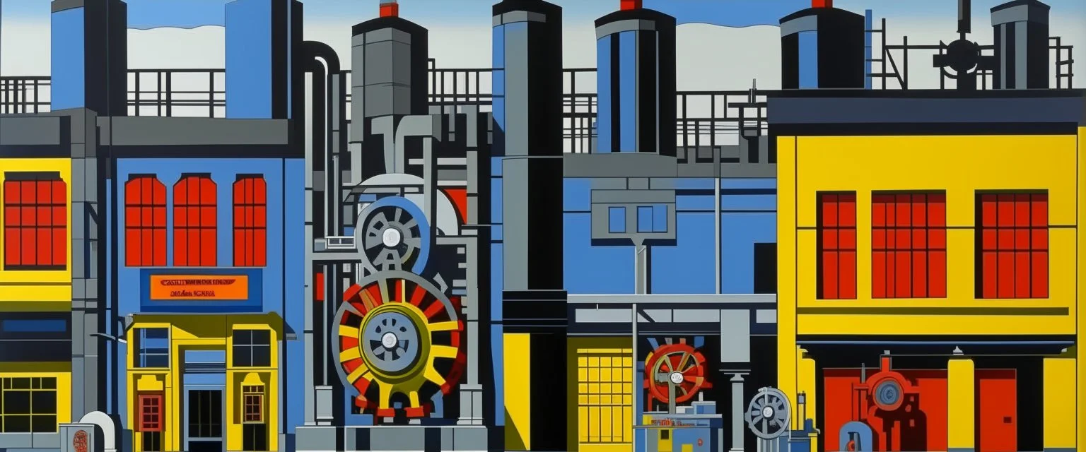 A gray electric factory with gears painted by Stuart Davis