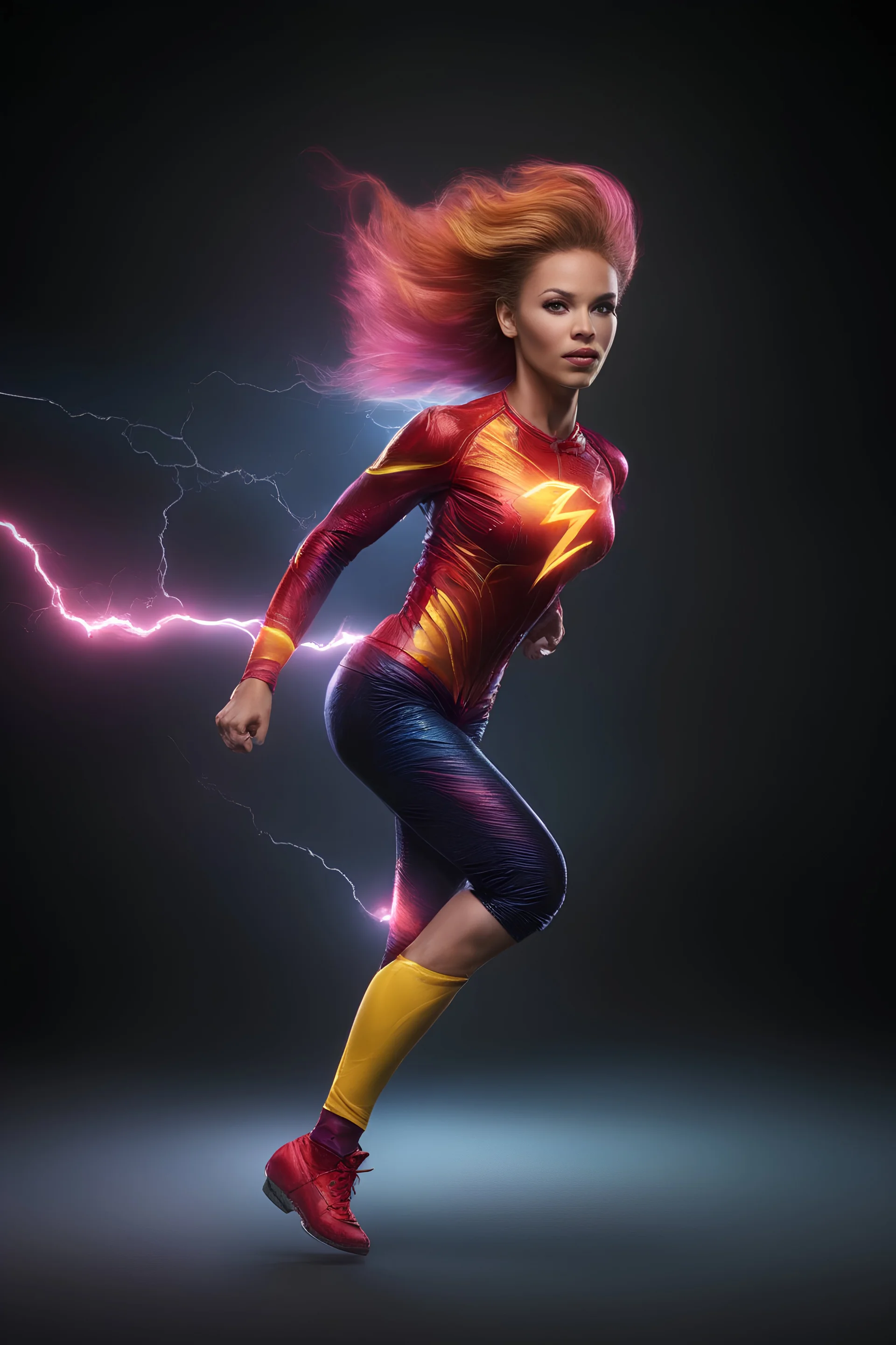 medium long shot, wide angle shot, full body, Barbie Allen aka The Flash, running, multicolored, atmospheric, beautiful, bright, vibrant colors, multicolored lightning, pitch-black background, Professional quality digital photograph, 4k UHD, Photorealistic, professional quality