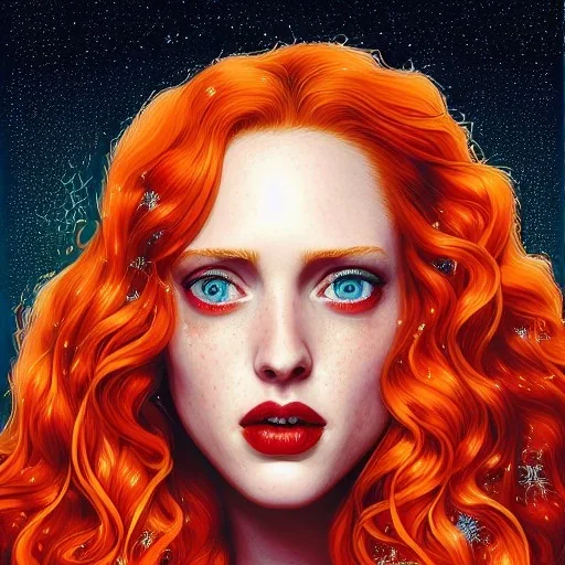 Deborah Ann Woll, her striking perfectly detailed clear eyes, her perfect, precisely detailed lightly freckled face, meticulously detailed long curly multi-hued ginger carrot-colored cherry red fiery hair, luminous colorful sparkles; by james r. eads, gawki, rajewel, tania rivilis, dan mumford, artgerm, greg rutkowski, alphonse mucha and william-adolphe bouguereau; glitter, airbrush, octane render, volumetric lighting, photorealistic digital painting, smooth, sharp focus