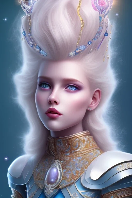 cosmic petit prince belle fine, profil de trois quart, grand front cosmique, peau bleu cristalline, yeux bleu, perle sur le front long cheveux blond et rose etoilé, cristaux sur le corps, collier de grande princesse, levres souriante, très jolie sourire