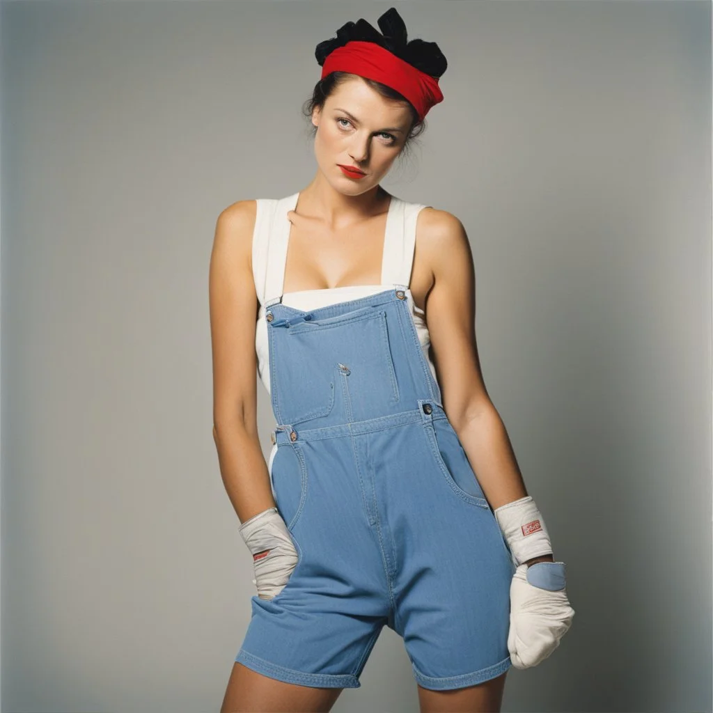 Dolorès Marat, La femme aux gants (Rosie the Riveter puts on her overalls over her_lingerie with gloves), 1987. go to the factory, with no inhibitions