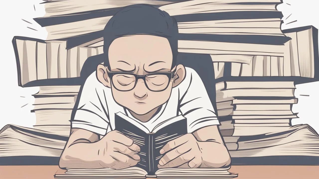 The image depicts a person sitting at a table with a stack of books in front of them. The individual is holding an open book and reading with intense concentration. Their eyes are moving rapidly across the pages, suggesting advanced speed reading skills. The book's opening phrase and words are clearly visible in the image, making it easier for the reader to apply speed reading techniques and better comprehend the content. The image highlights the immersive and deep understanding aspects achievab