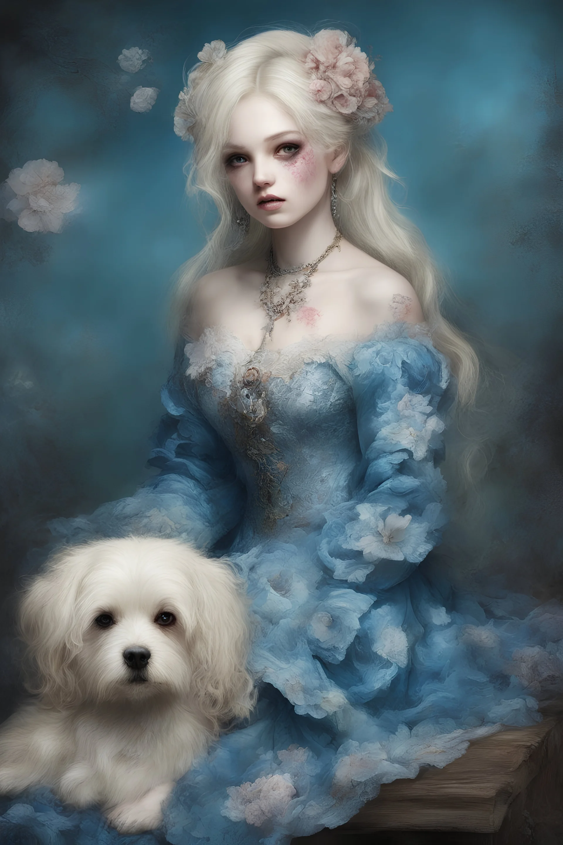 blue, large, woman, blonde, floral designs, atmospheric, beautiful, China Doll, Lap dog, in the art style of a rotting zombie