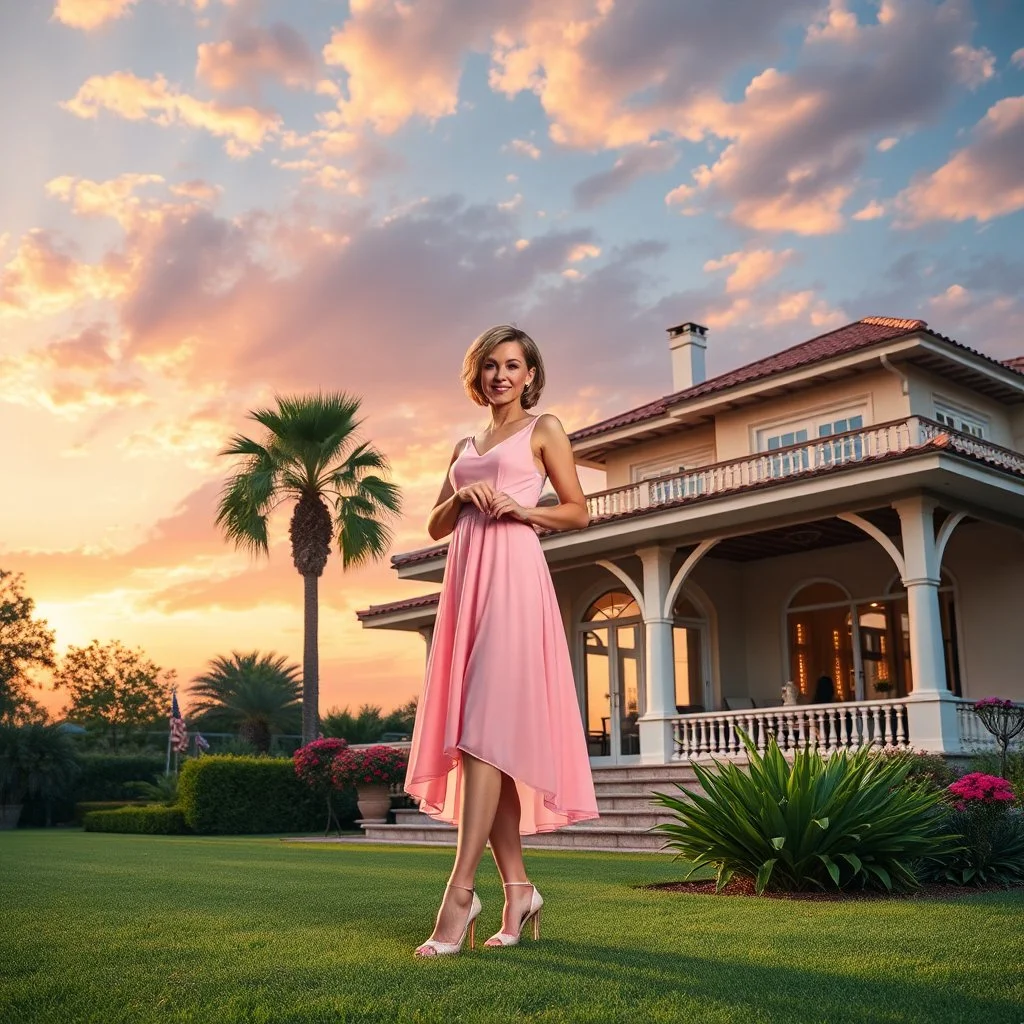 create full body lady ,short hair pretty dress standing pose pretty high heels ,midy dress,standing in front of a beautifull villa garden sun set sky with pretty clouds and godrays