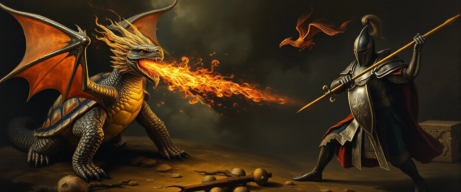 master oil painting by Rembrandt, good afternoon turtle dragon with fire breath against a knight with lance