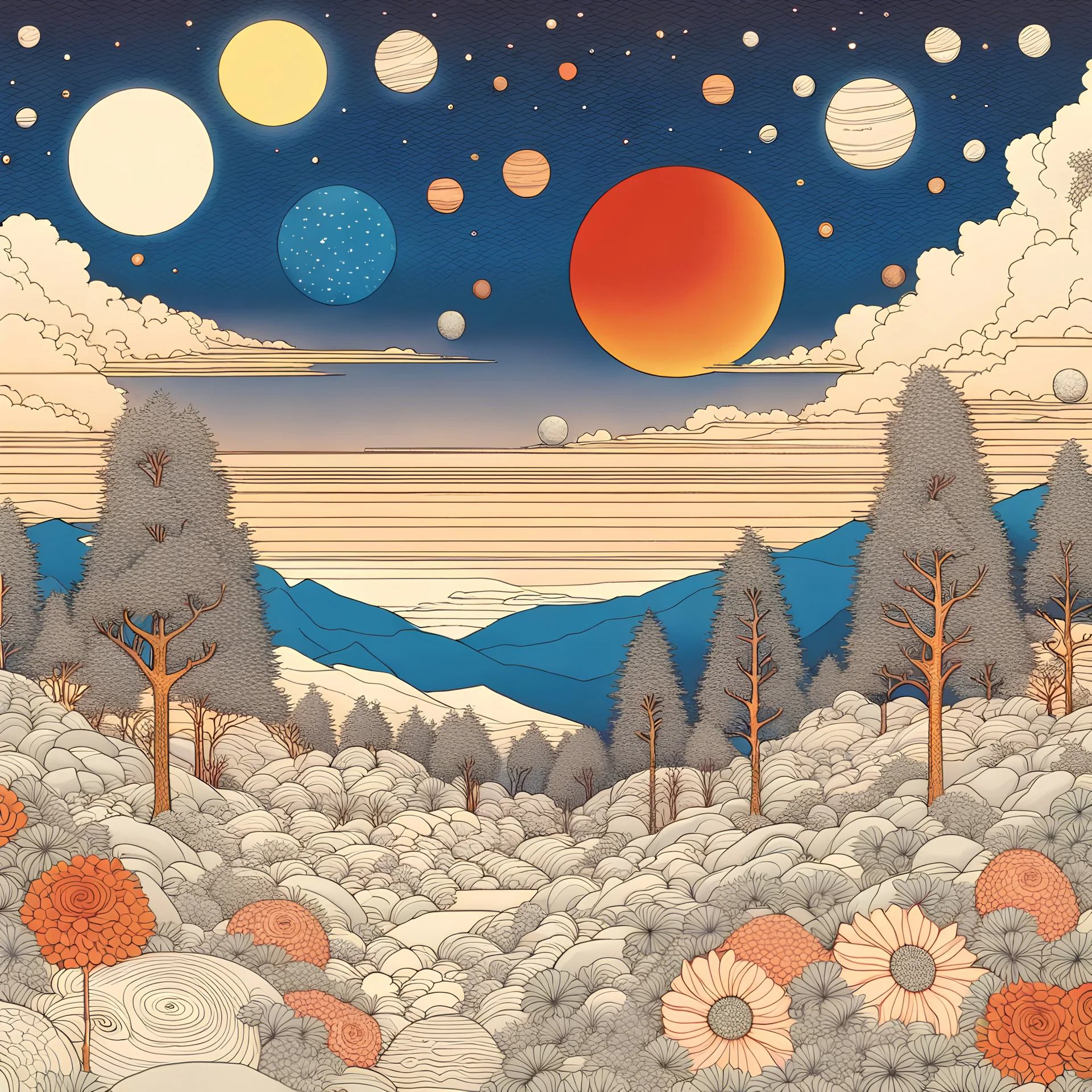 Colourful, peaceful, Max Ernst, Gustav Klimt, Egon Schiele, Hiroshige, night sky filled with planets and stars, trees, rocks, flowers, one-line drawing, sharp focus, 8k, 3d, intricate, ornate