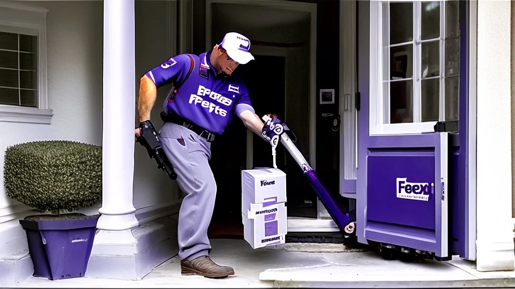 fedex driver at front door with a chainsaw