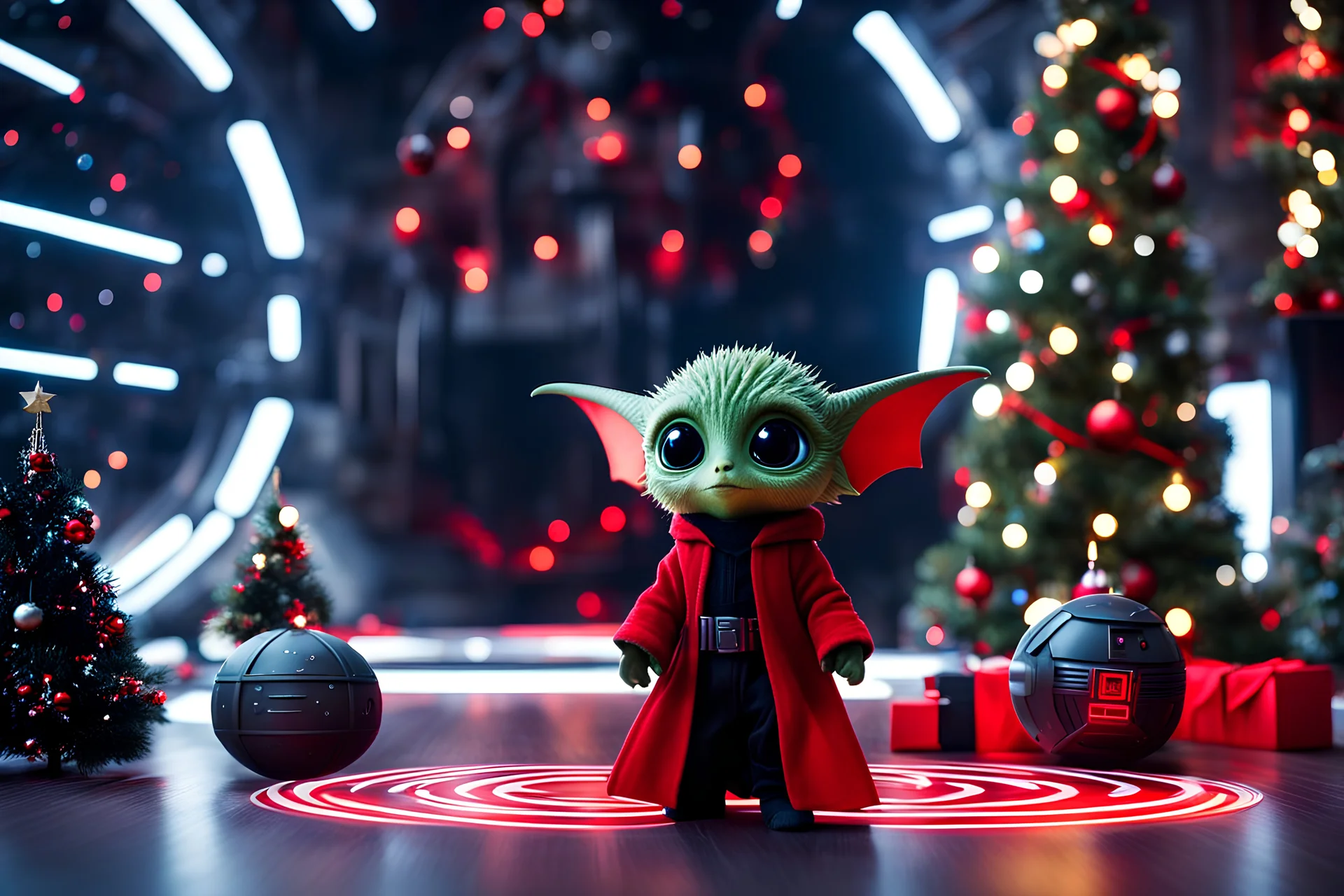 fluffy big eyed baby happy dragon sith lord in the big hall in second death star with few space ships and a view to a star wars planet, and christmas tree and sith gifts, cinematic eye view