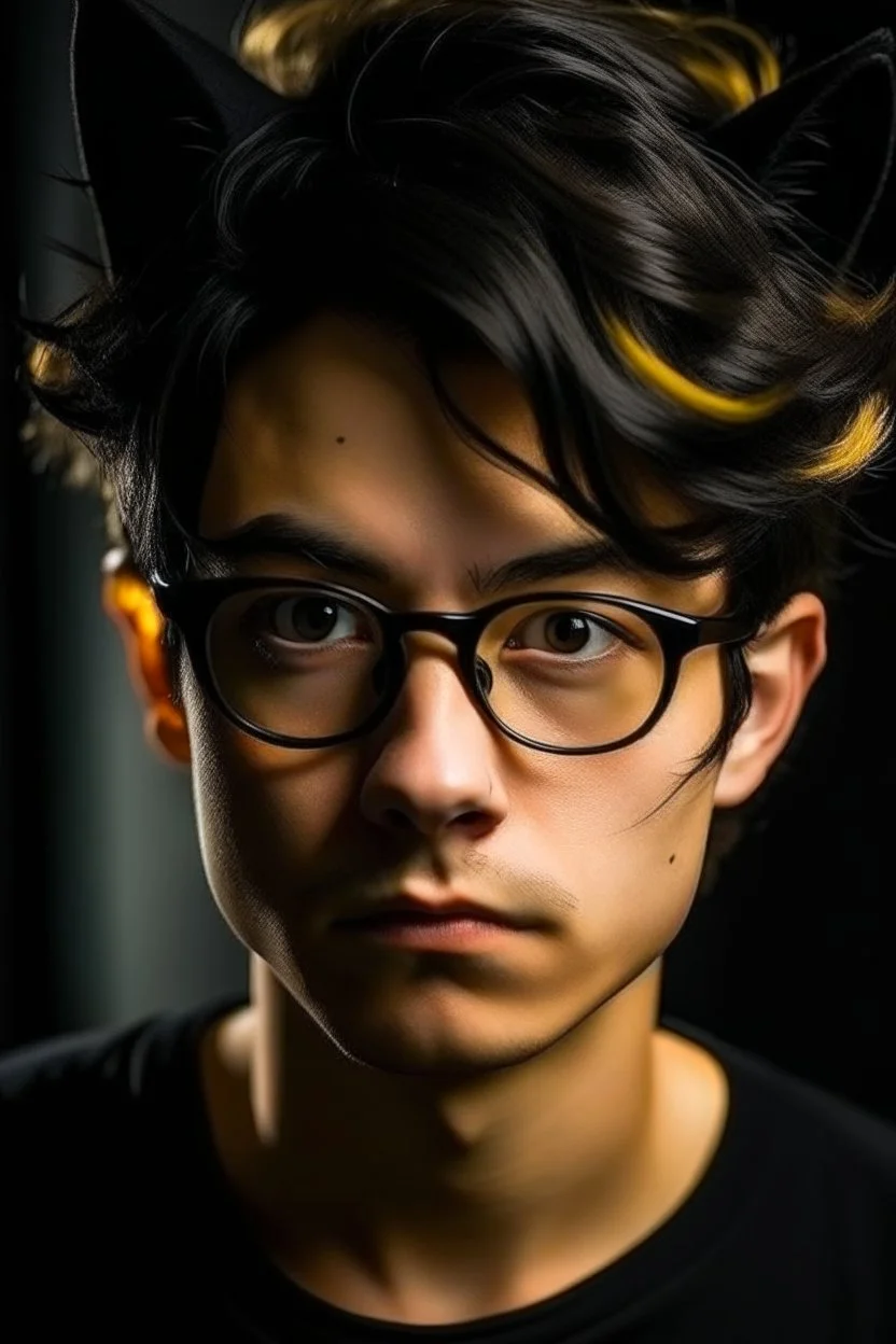 A young adult man with messy black hair and black cat ears, golden eyes, glasses.