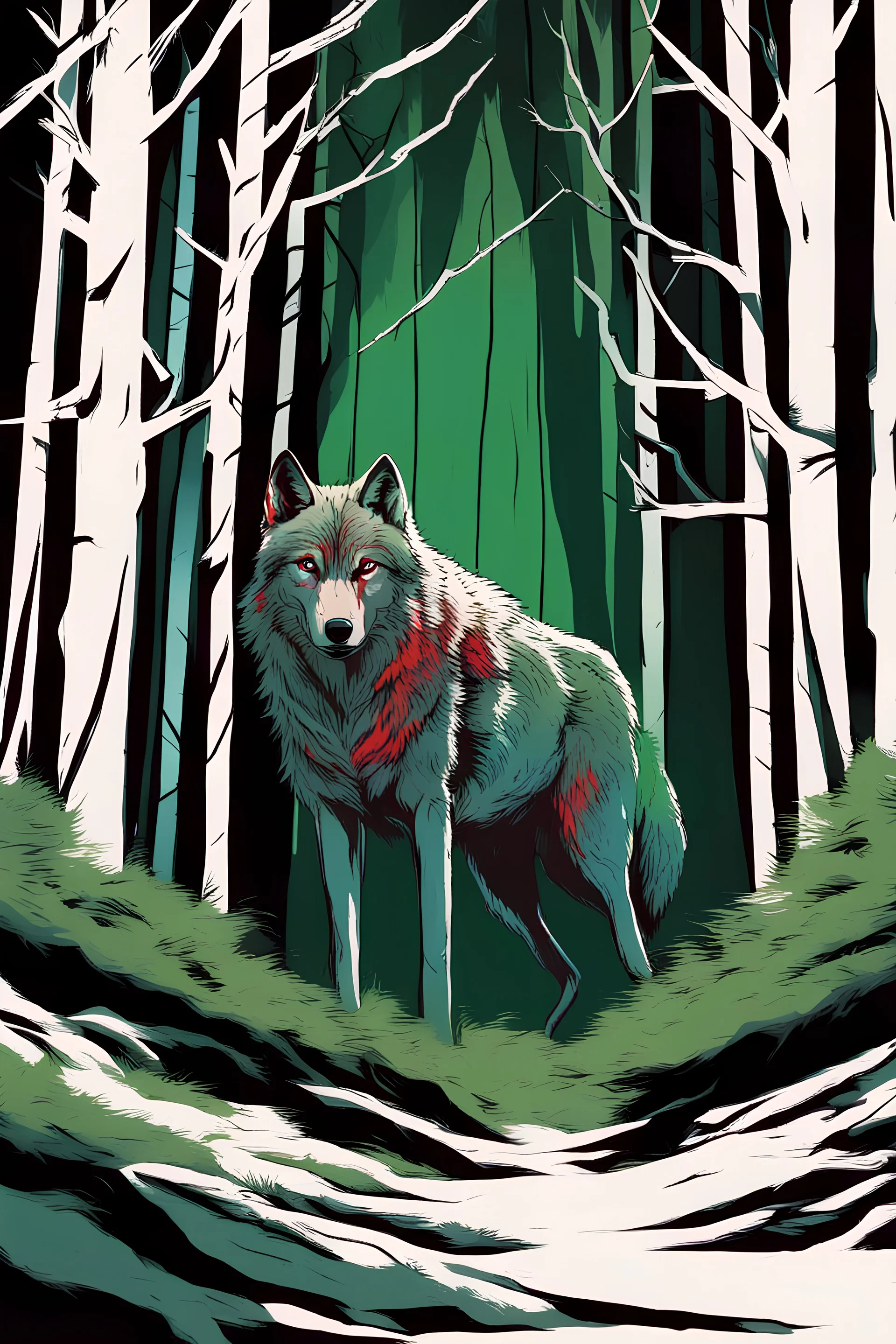 Wolf lurking through a forest. dynamic light, concept art, blue, green and red colors