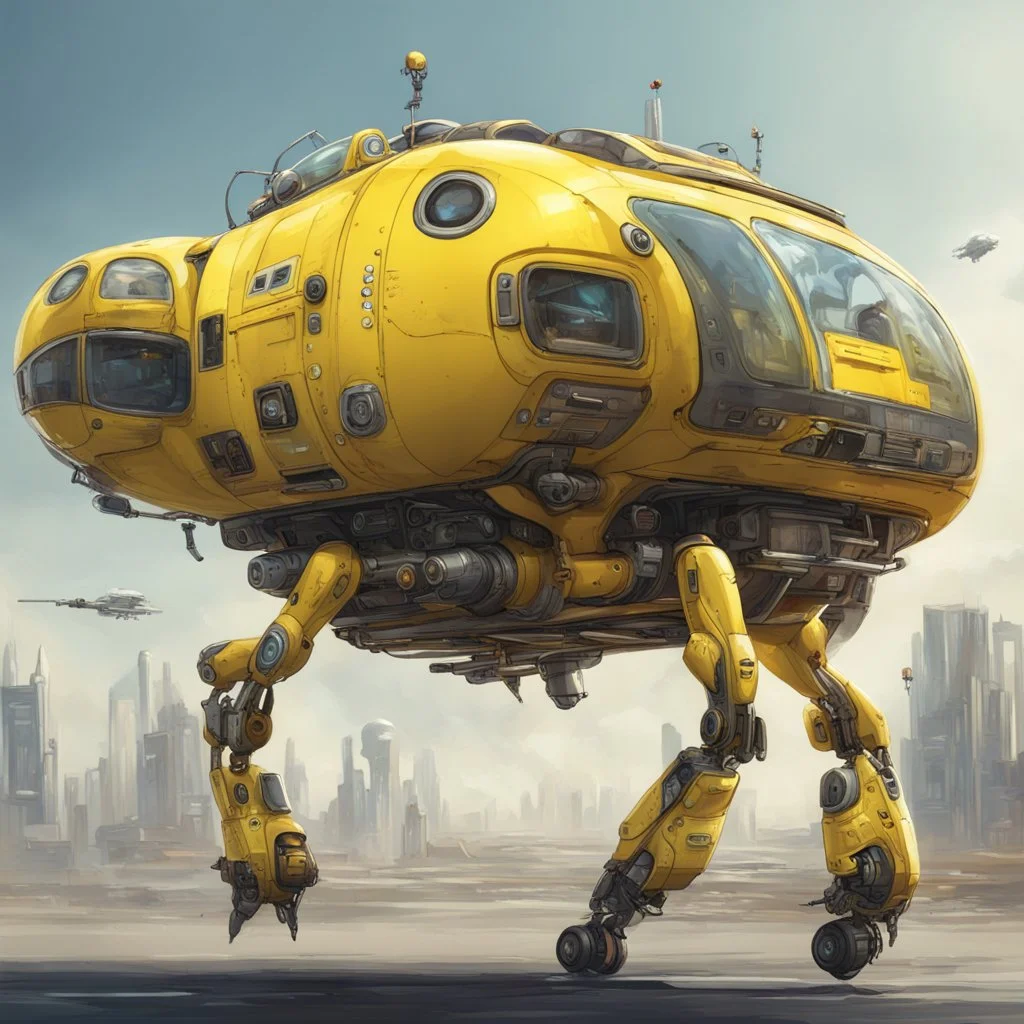 a yellow flying assistant robot bus, sci fi biopunk theme, detailed